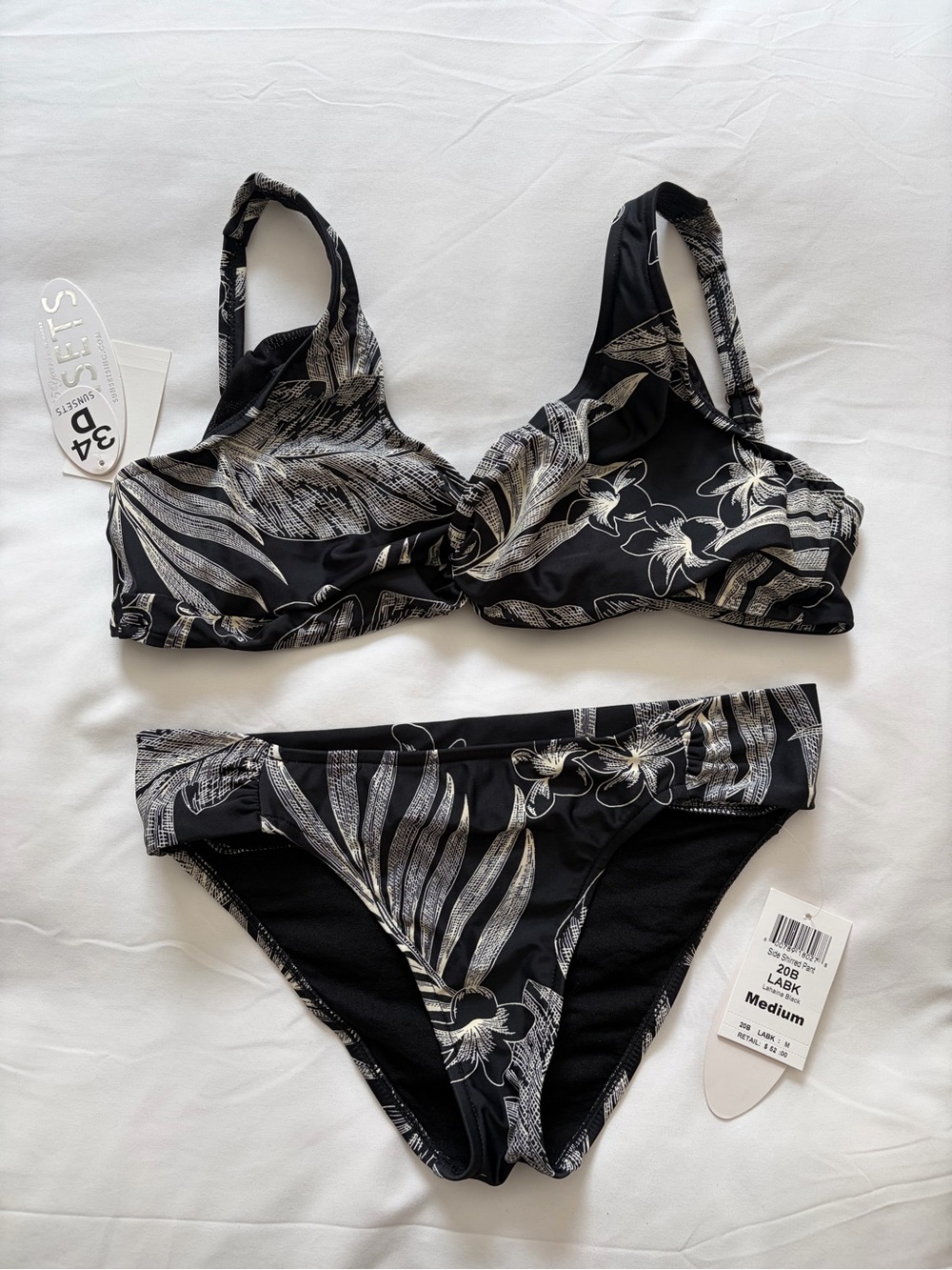 Sunsets Black Floral Print Bikini Set with Supportive Top - Medium, 34D